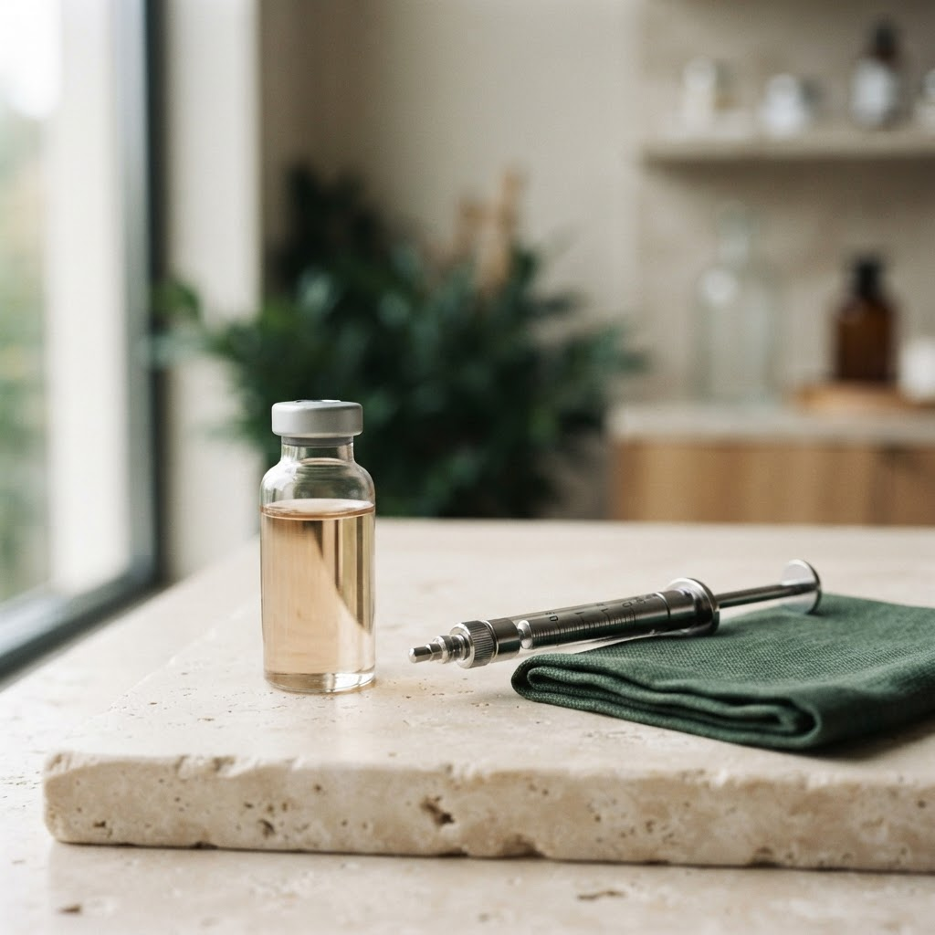 Clinical still-life of a testosterone vial and syringe, representing physician-supervised TRT
